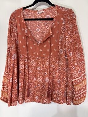 Lucky Brand Peachy Rust Floral Peasant Tunic with Tassel Ties Size L